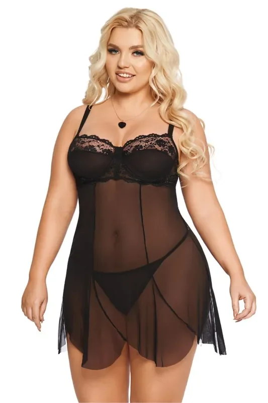 schwarzes Chemise aus Tüllmaterial mit Spitze und Bügel-Cups
