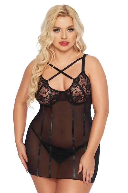 schwarzes Chemise aus Tüllmaterial mit Spitze und schwarzen Bändern