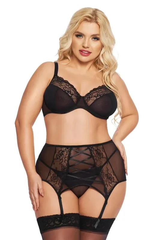 schwarzes Dessous-Set aus Netz-Stoff und Spitze mit gekreuzten Bändchen