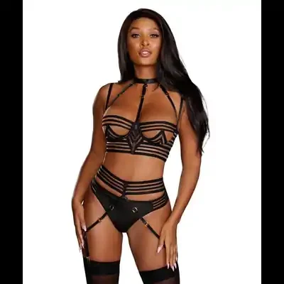 Sheer Striped Bra, Garter Belt and G-String Set – M – Black