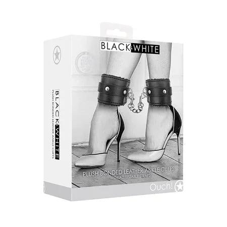 Shots Ouch Black & White Plush Bonded Leather Ankle Cuffs – Black