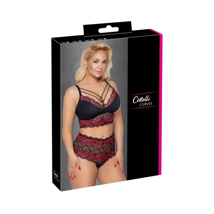 Soft BH & Slip mit Blütenspitze – Rot/Schwarz – Größe 2XL