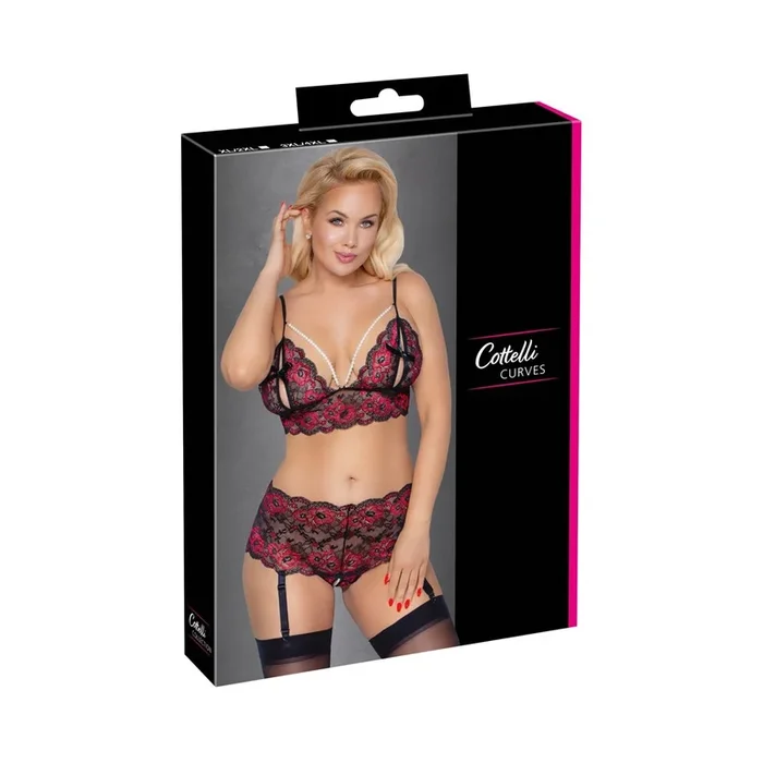 Soft-BH & Straps-Slip ouvert aus Blütenspitze – Rot/Schwarz – Größe XL/2XL