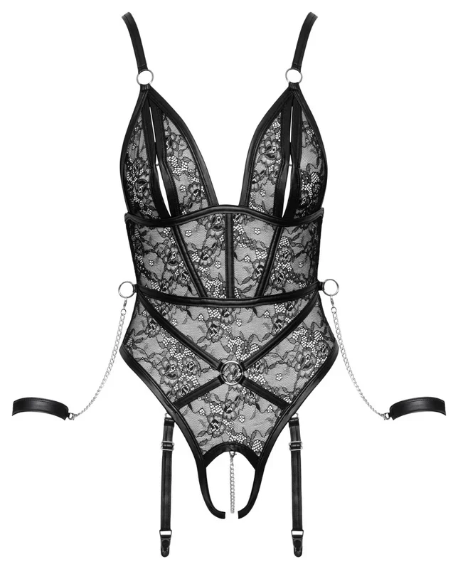 Straps-Body ouvert aus Spitze in Harness-Optik mit Handfesseln Cottelli BONDAGE
