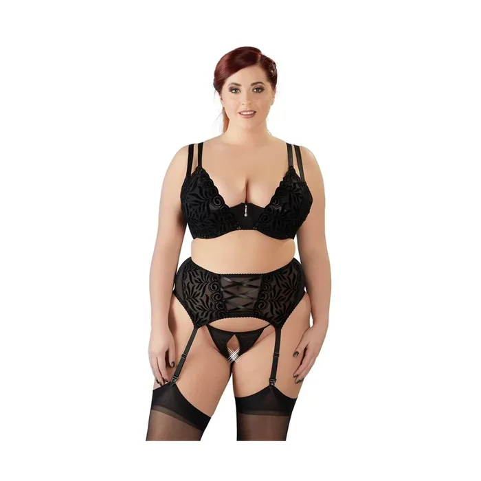 Straps-Set – BH + Strapsgurt + String ouvert – Schwarz – Größe 85F/L