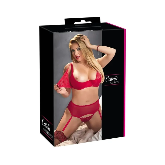 Straps-Set – Hebe-BH + Straps-String + Strapshalter – Rot – Größe 85D/L