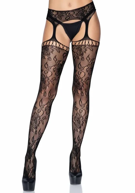 Strapsstrumpfhose mit floralem Muster
