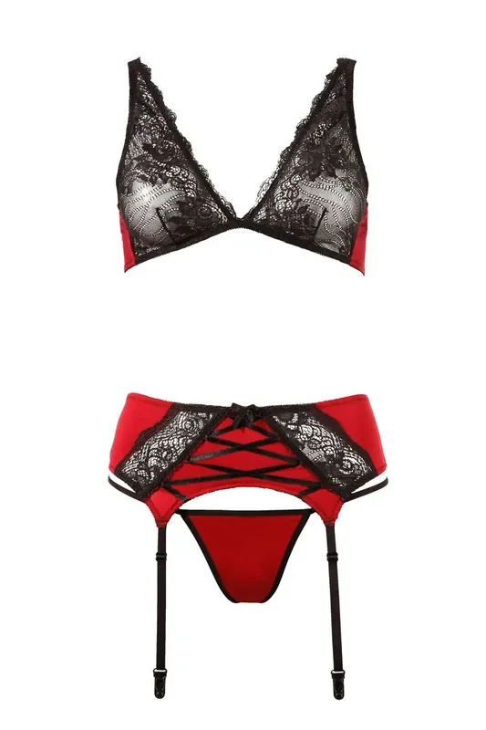 Strumpfhalter Set mit Spitzen-BH – Schwarz/Rot