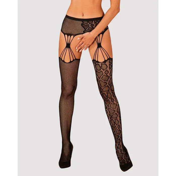 Strumpfhose im Straps-Look mit Leopardenmuster – schwarz