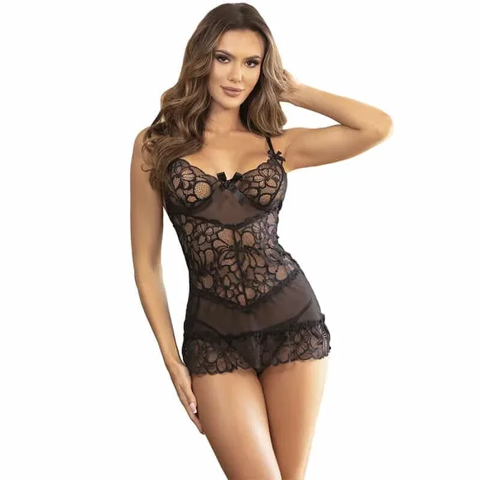Subblime – Babydoll mit Verstellbaren Trgern und Transparenter Spitze mit Blumendruck Schwarz L/Xl