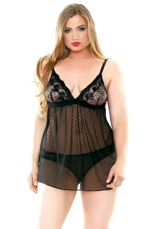 Tiffany Dot Mesh Babydoll & Panty in 1X