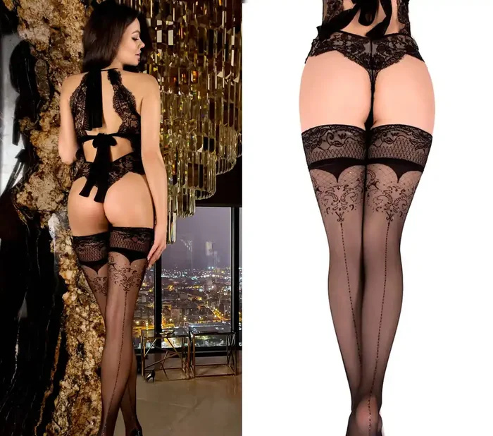 Transparente halterlose Strümpfe mit Ornamentmuster schwarz