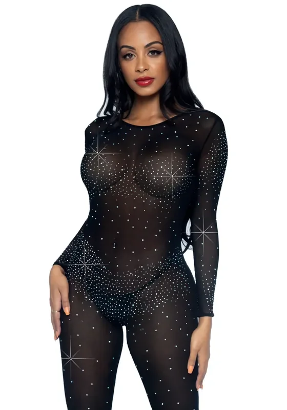 Transparenter Catsuit mit Strasssteinen