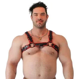 Vegan Puppy Harness – zweifarbig mit 4 Gürtelschnallen und D-Ring – L/XL – black/red