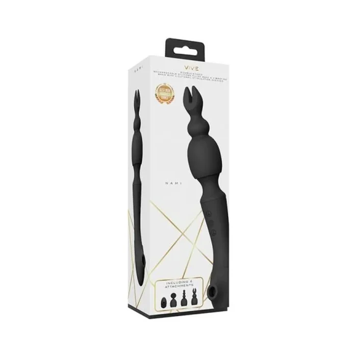 Vive – Nami Rechargeable Pulse-wave Double-ended Silicone Wand With Interchangeable Sleeves – Black