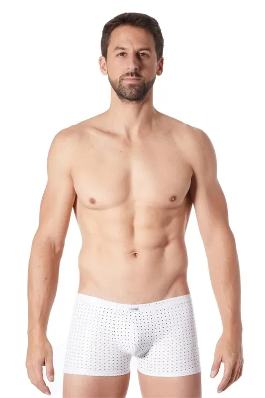 weisse Herrenboxer-Shorts Kunstleder mit Löchern