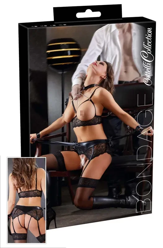 Wetlook Dessous-Set mit Handfesseln und Halsband