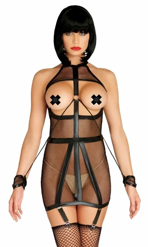Wetlook Fishnet Bondage Kleid mit Fesseln