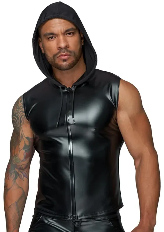 Wetlook-Kapuzenshirt ohne Ärmel schwarz