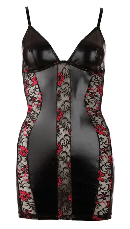 Wetlook Mini-Kleid mit Netzstoff – Schwarz/Rot