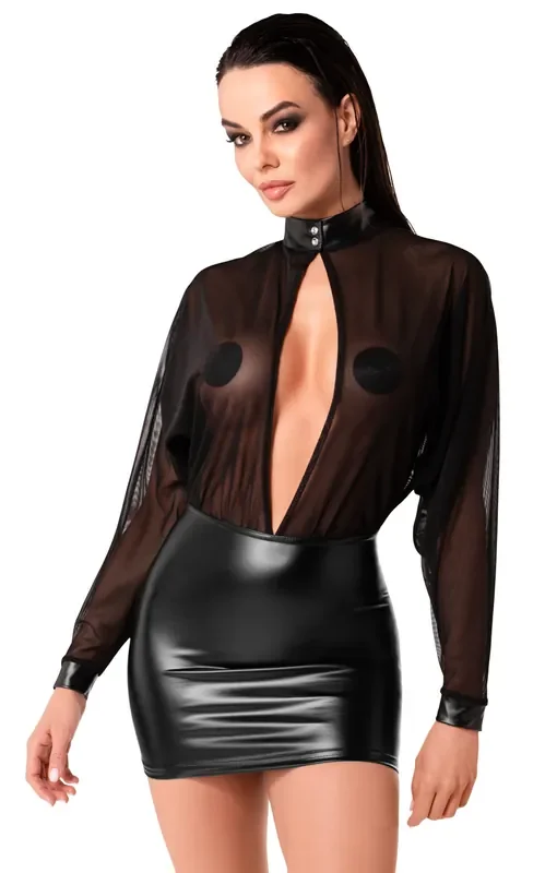 Wetlook-Minikleid mit Mesh-Bluse