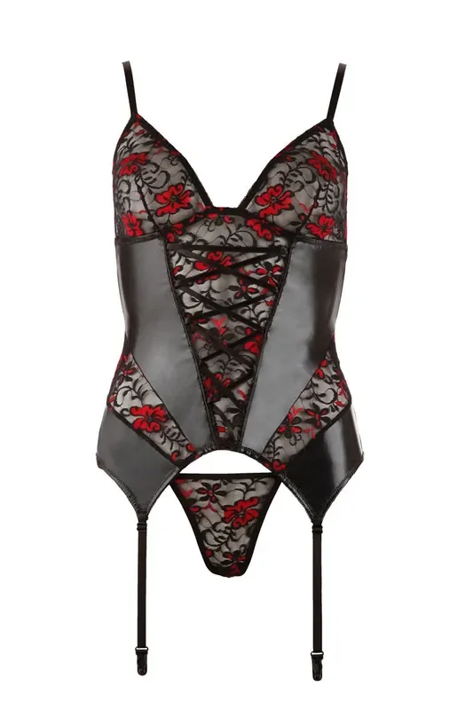 Wetlook Strapse-Top + String – Schwarz/Rot