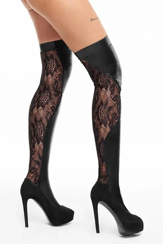 Wetlook-Strümpfe mit Spitze schwarz