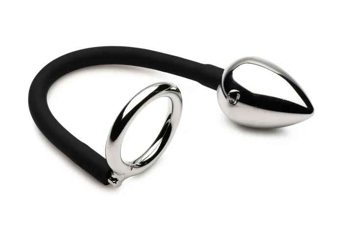 XR Brands – Tug + Plug Penis- und Hodenring mit Analplug – Schwarz & Silber